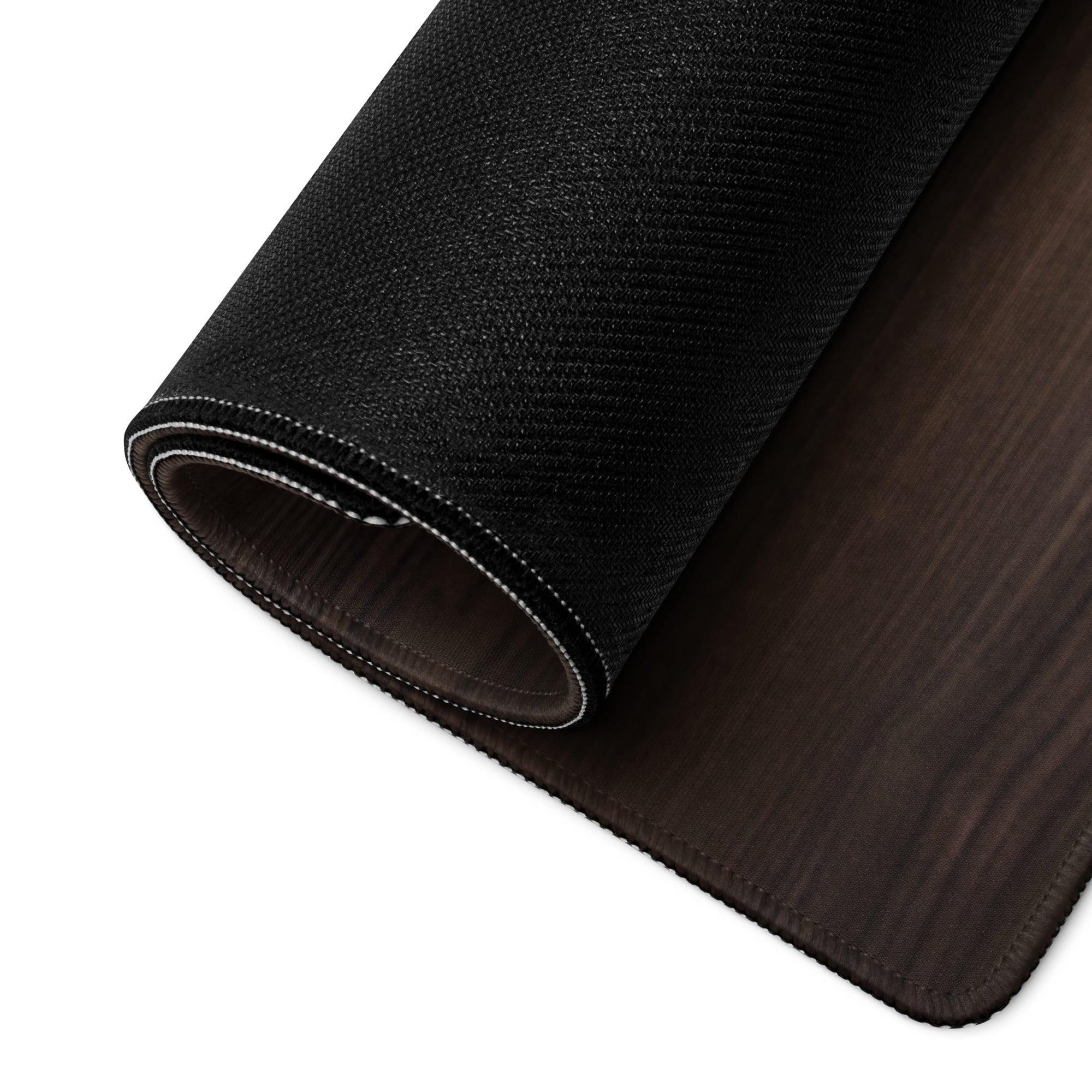Black textured wood-grain gaming mouse pad with stitched edges