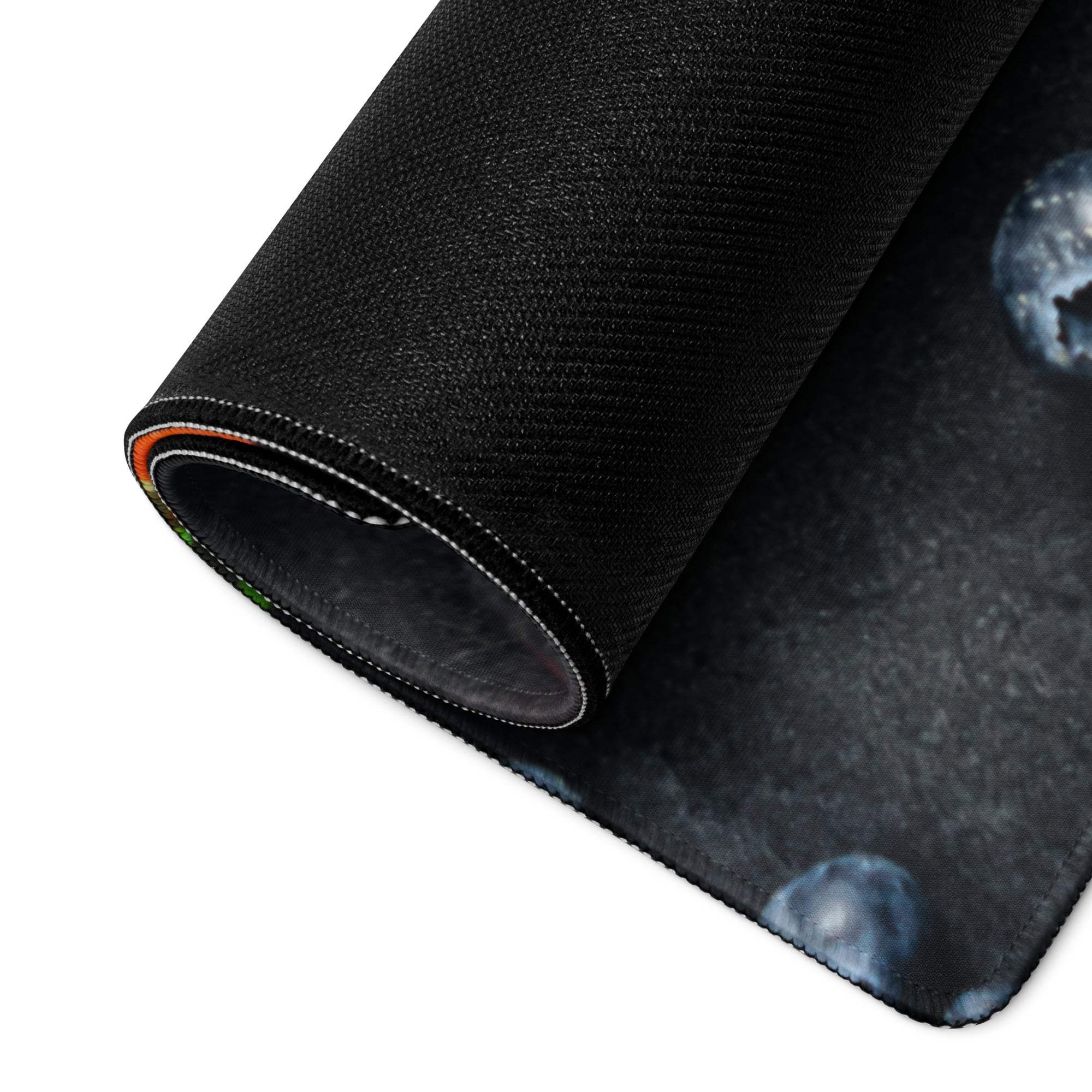 Black cosmic textured gaming mousepad with blue white celestial design
