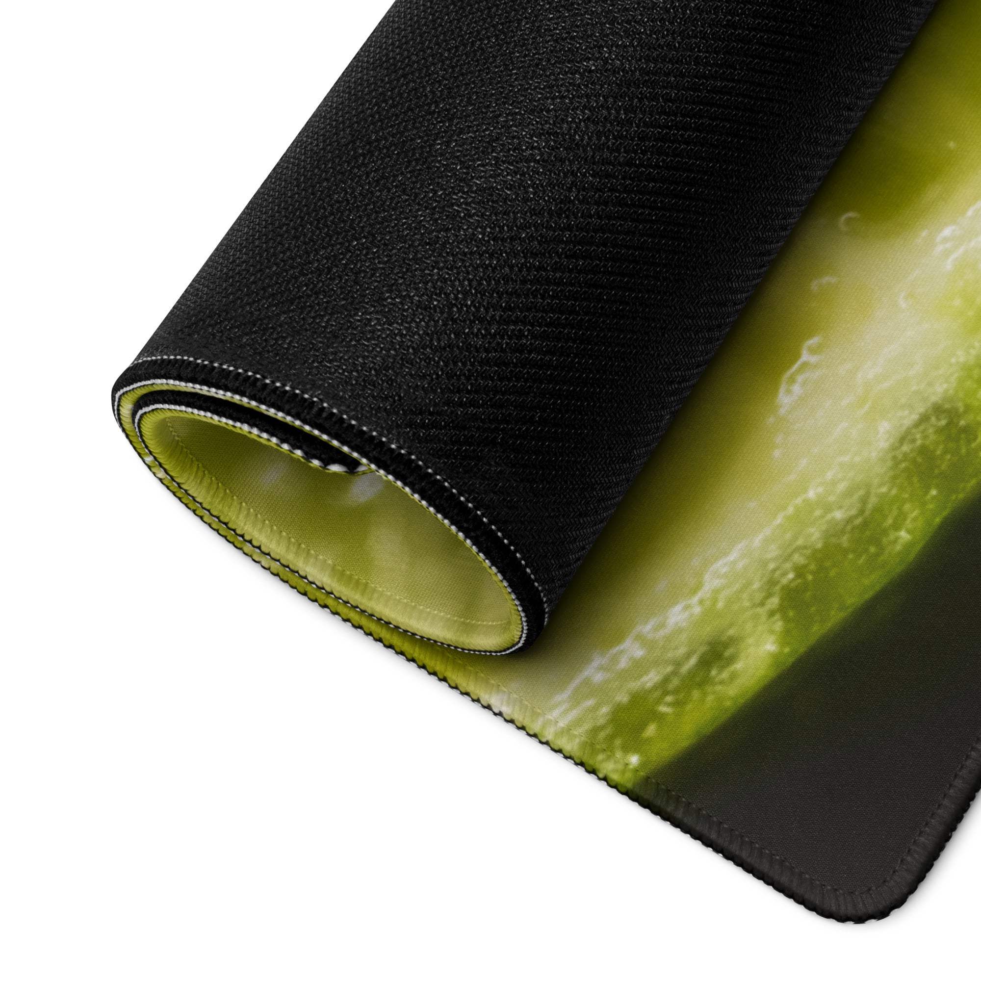 Black textured gaming mousepad with vibrant green pickle design
