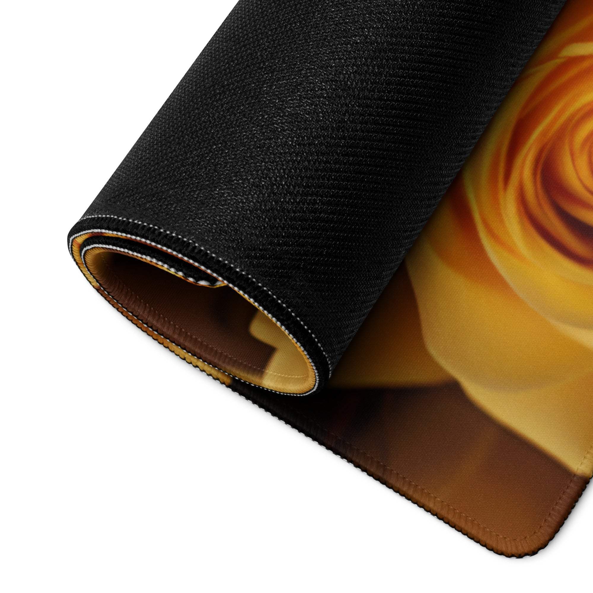 Large yellow rose gaming mouse pad with black texture, non-slip base, stitched edges
