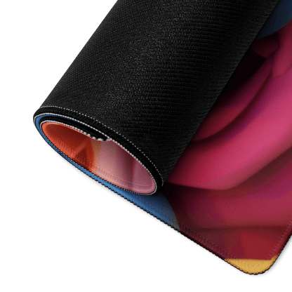 Vibrant floral rainbow gaming mouse pad with black textured gradient interior
