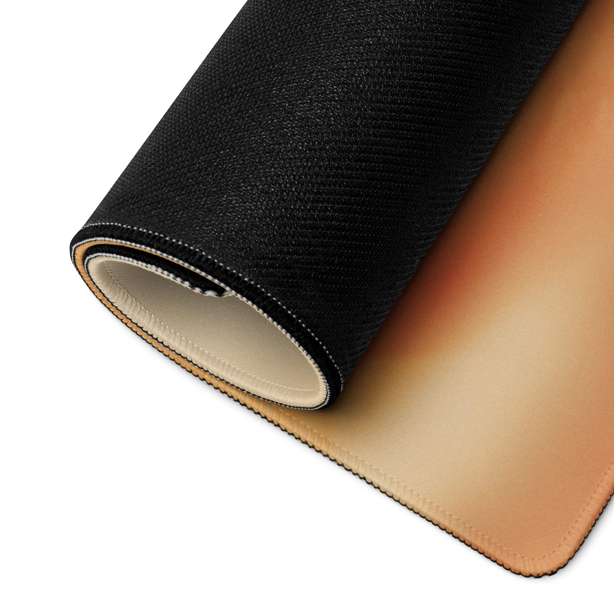 Back of Romantic Peach Rose gaming mouse pad with tan gradient non-slip underside and stitched edges