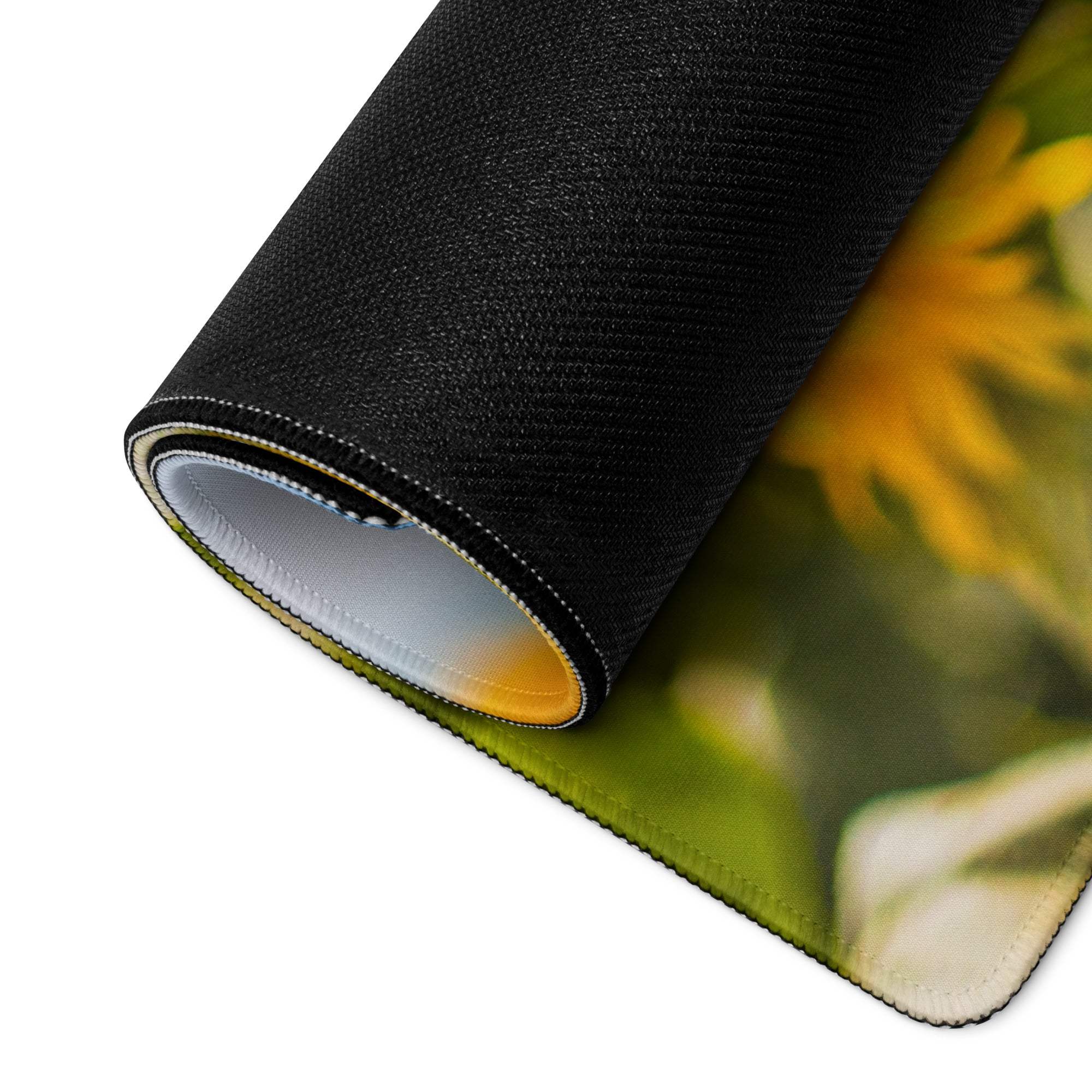 Black sunflower gaming mousepad with vibrant field design, non-slip backing
