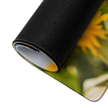 Black sunflower gaming mousepad with vibrant field design, non-slip backing