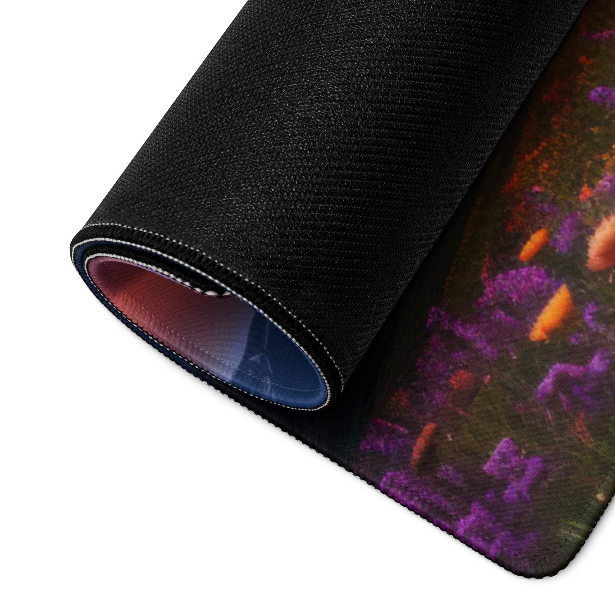 Black textured mousepad with purple orange floral design, scenic mountain sunset meadow gaming pad