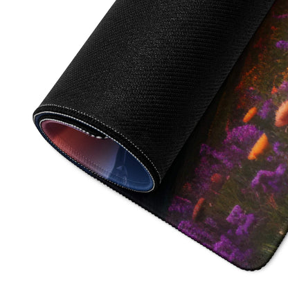 Black textured mousepad with purple orange floral design, scenic mountain sunset meadow gaming pad