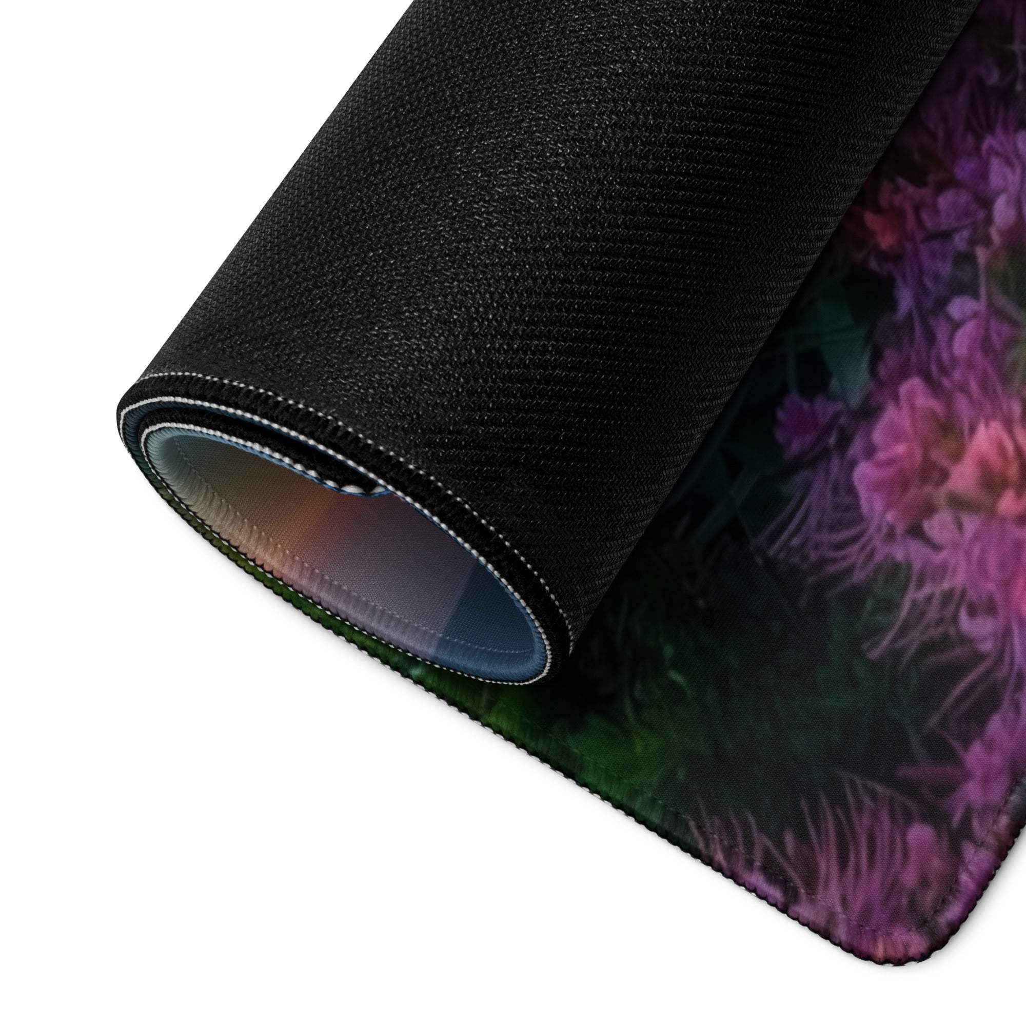Rolled-up Vibrant Sunset Mountain premium gaming mouse pad back