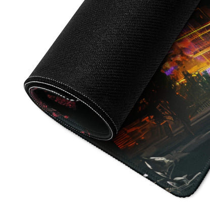Cyberpunk cityscape oversized neon pink gaming mouse pad with black base