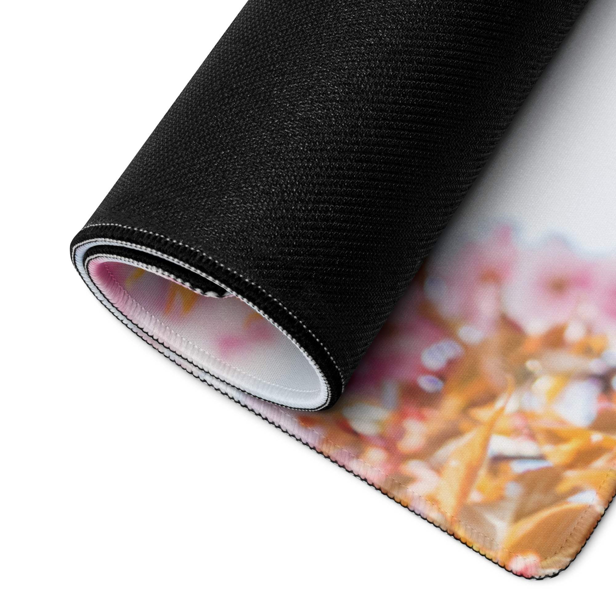 Rolled-up Floral Pink Blossom extra large gaming mouse pad with soft-focus blossoms