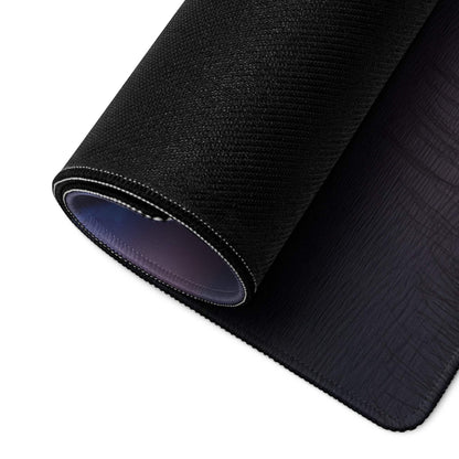 Black textured large gaming mousepad with stitched edges, blue lining, non-slip base