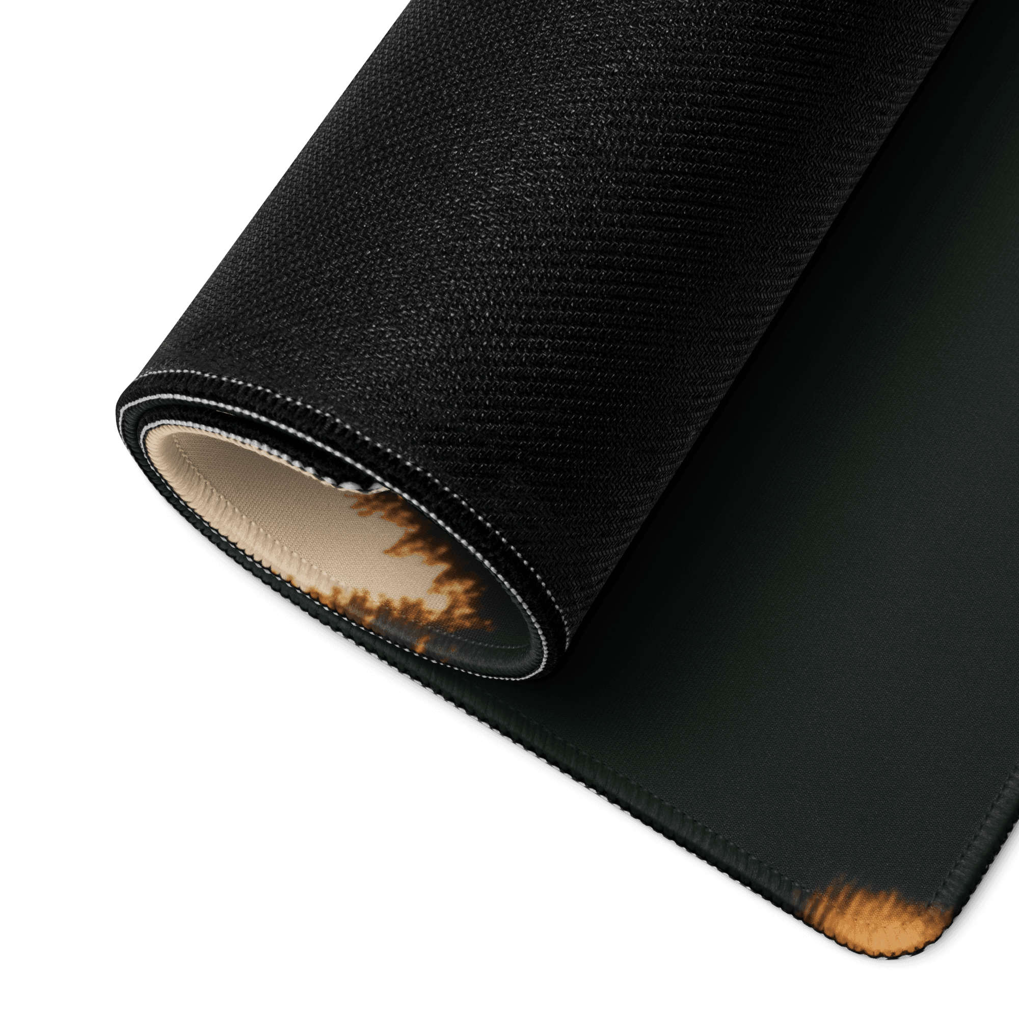 Large Forest Lake Dawn black textured mousepad with burnt edge and white stitching