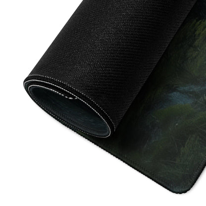 Black textured Moody Blue Mountain Lake mousepad with forest design and white edge stitching