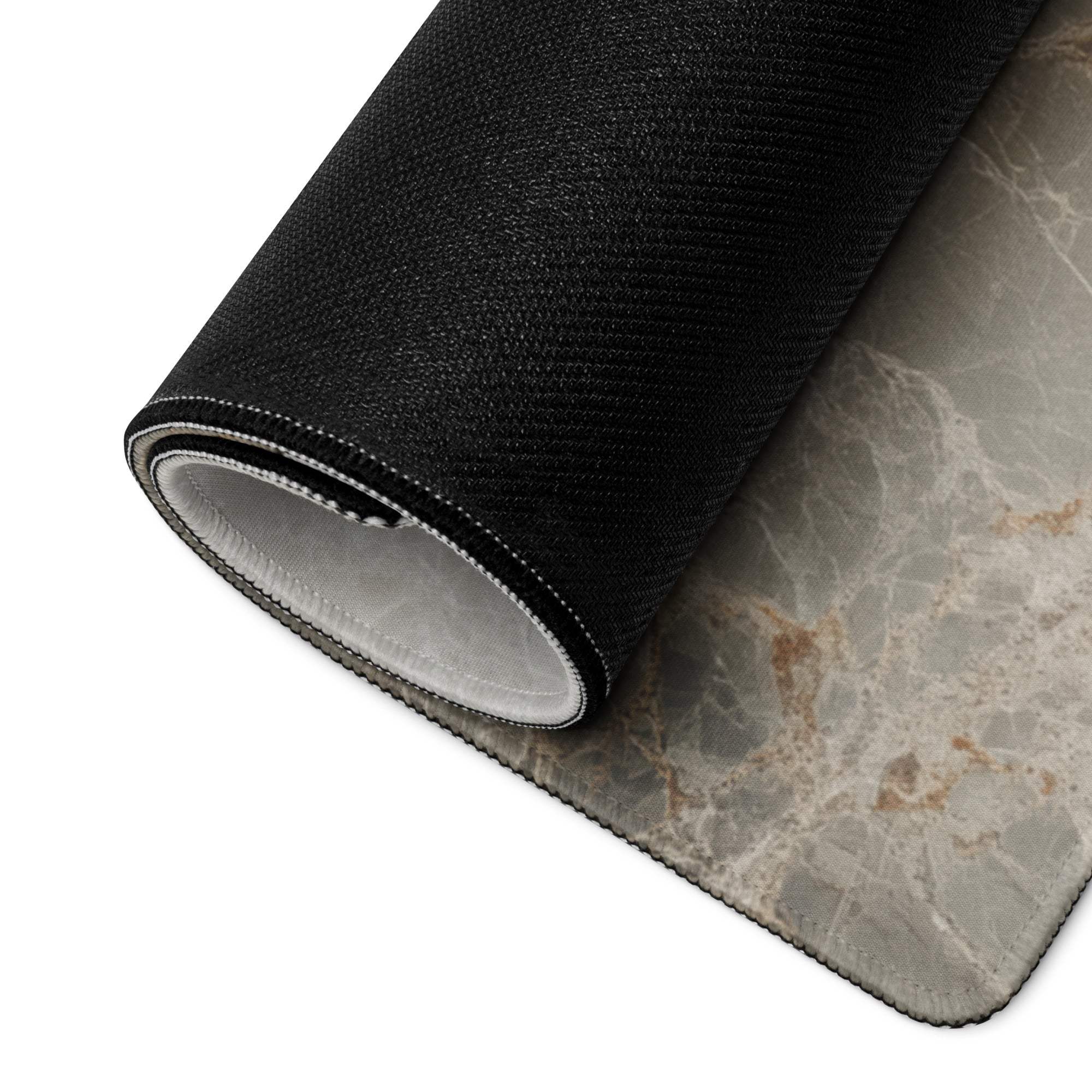 Black textured large gaming mousepad with gray beige marble pattern