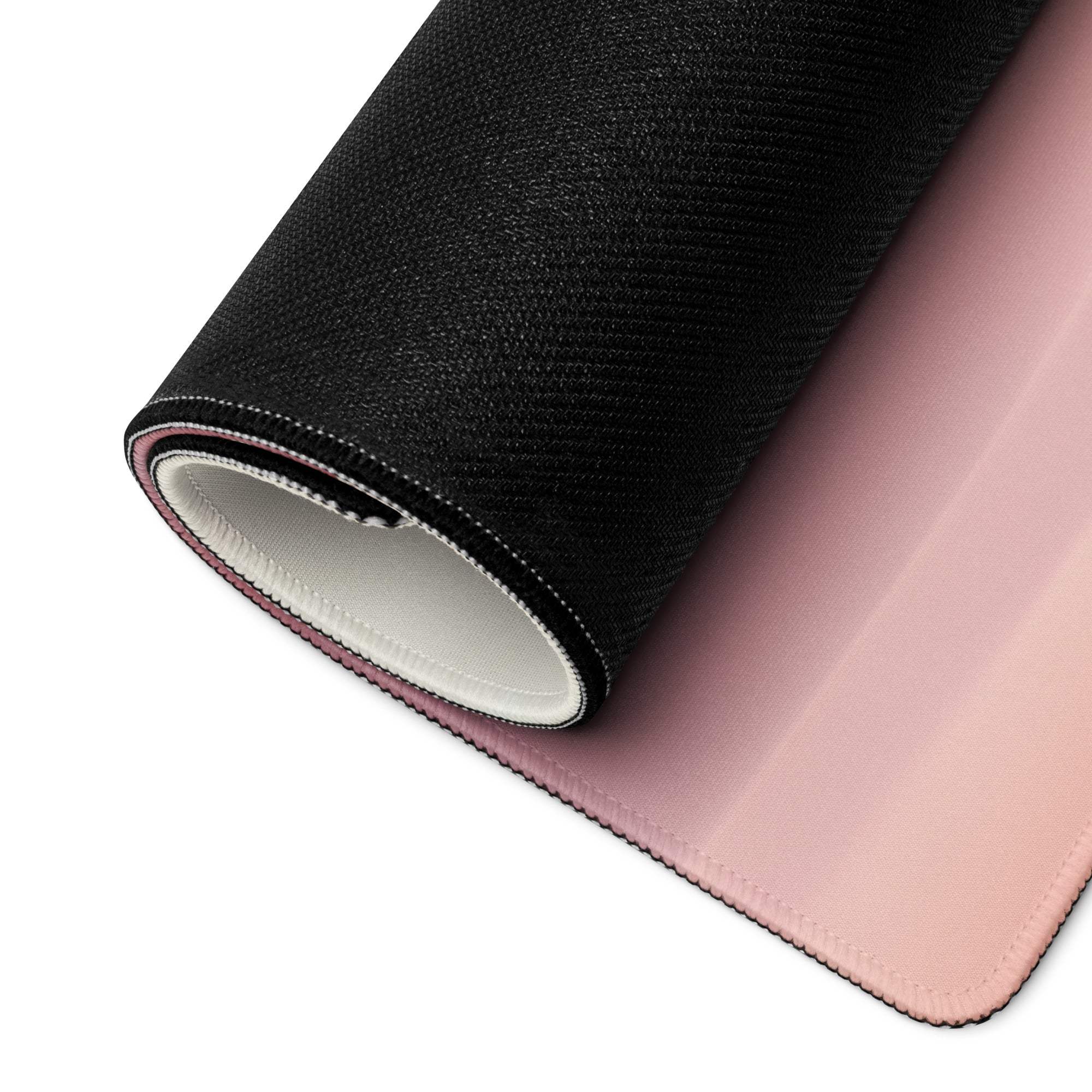 Rolled-up Dreamy Desert Dunes pastel pink gaming mouse pad back view