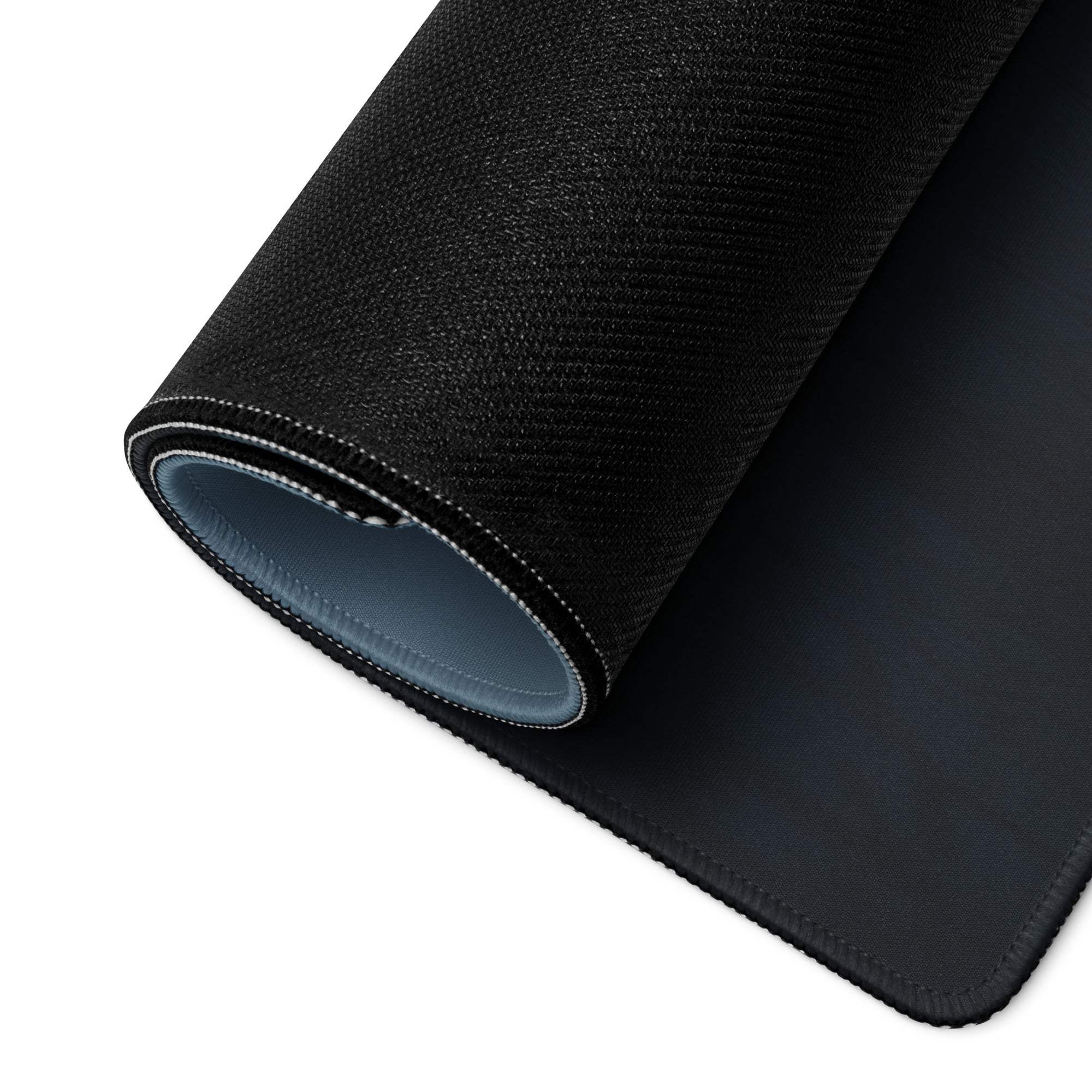 Black Moody Blue Mist gaming mousepad with gray lining and stitched edges