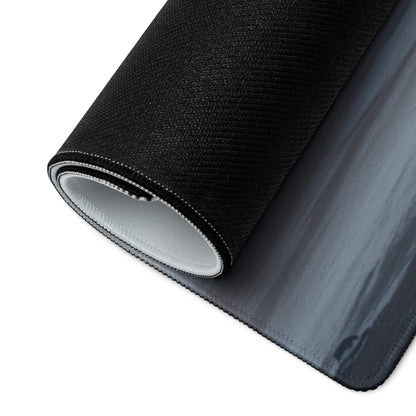 Black textured Calm Misty Forest gaming mouse pad with white stitched edges