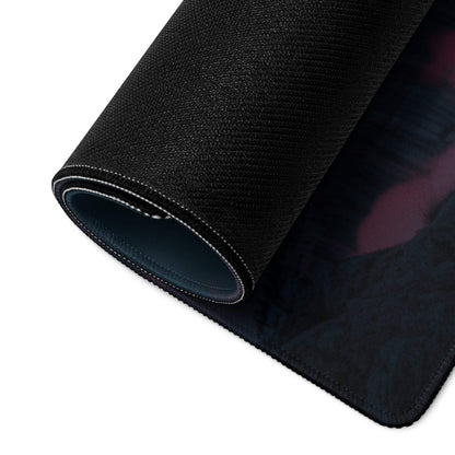 Black textured Neon Cyberpunk mousepad with purple-blue design, stitched edge