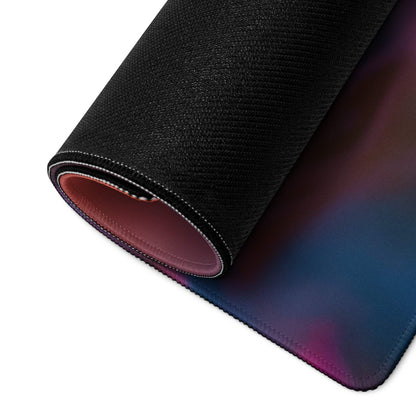 Vibrant butterfly garden gaming mouse pad with purple-to-blue gradient, stitched edges, non-slip backing