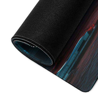 Cyberpunk neon heart in alley gaming mousepad, black textured with teal red design
