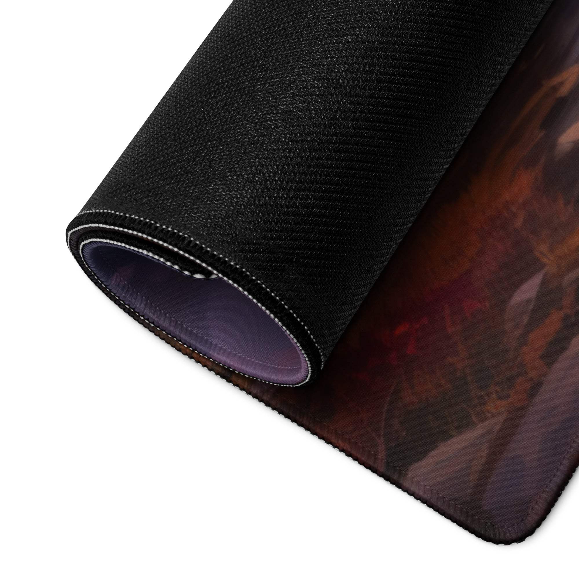 Black textured Sunset Lake gaming mousepad with rolled edge and non-slip base