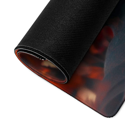 Black gaming mousepad underside with textured surface and red-orange autumn sunset graphic