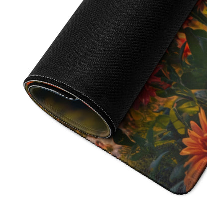 Rolled-up Vivid Floral Field gaming mouse pad with orange flowers and puppy design