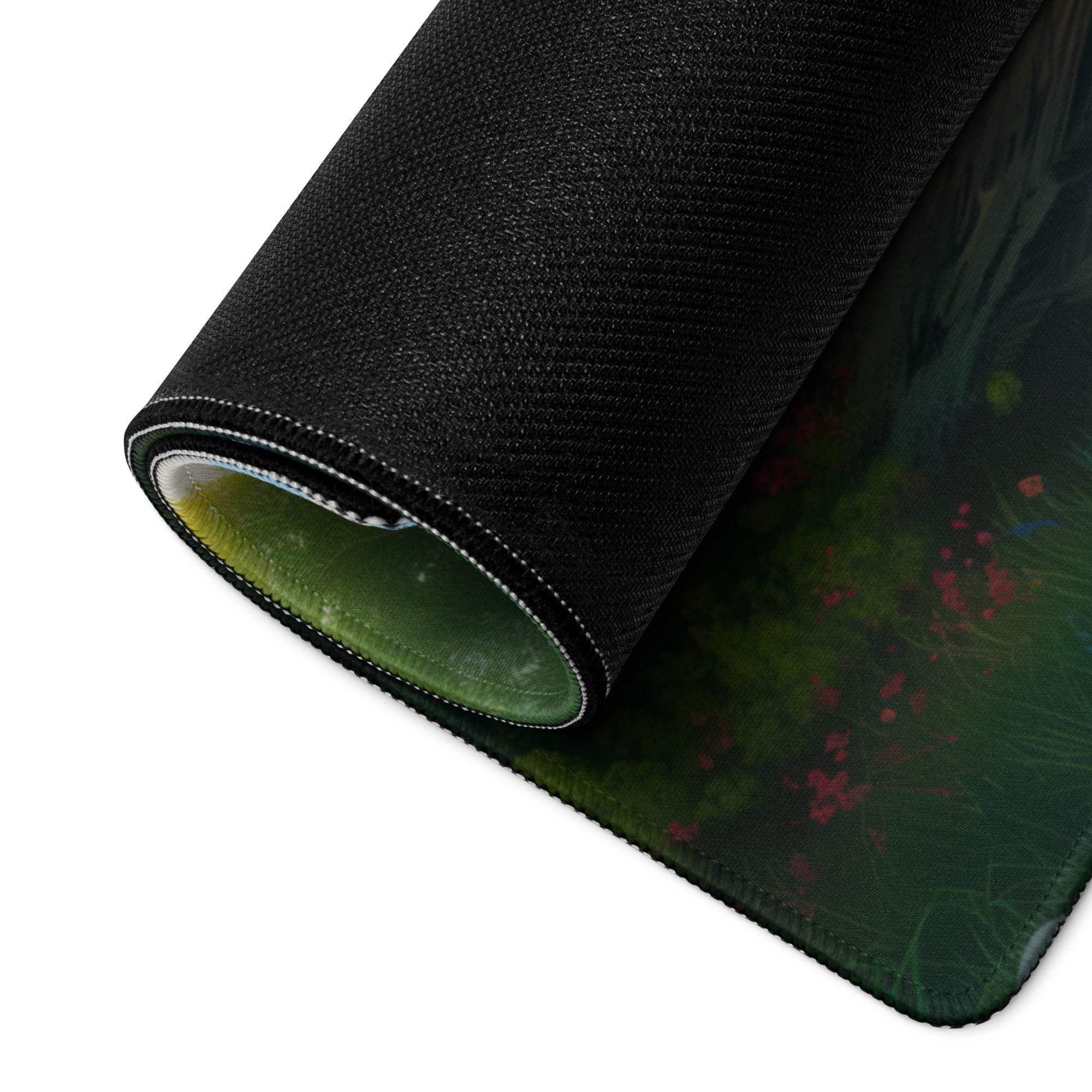 Black textured gaming mousepad with green foliage, red flowers, non-slip backing