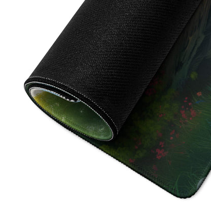 Black textured gaming mousepad with green foliage, red flowers, non-slip backing