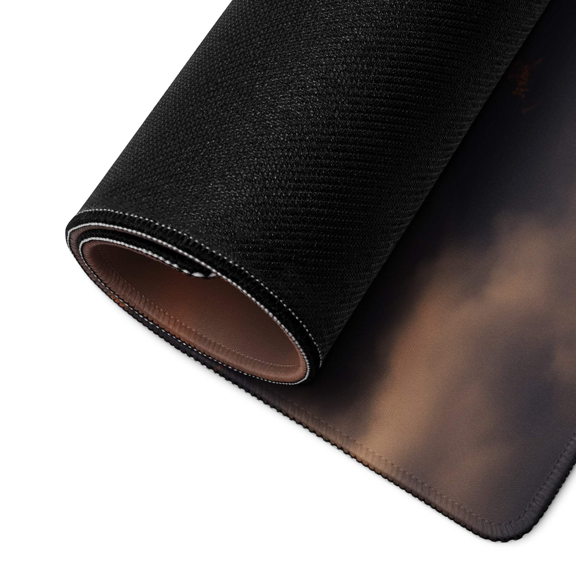 Black textured Epic Mountain Sunset gaming mouse pad with gradient, stitched edges