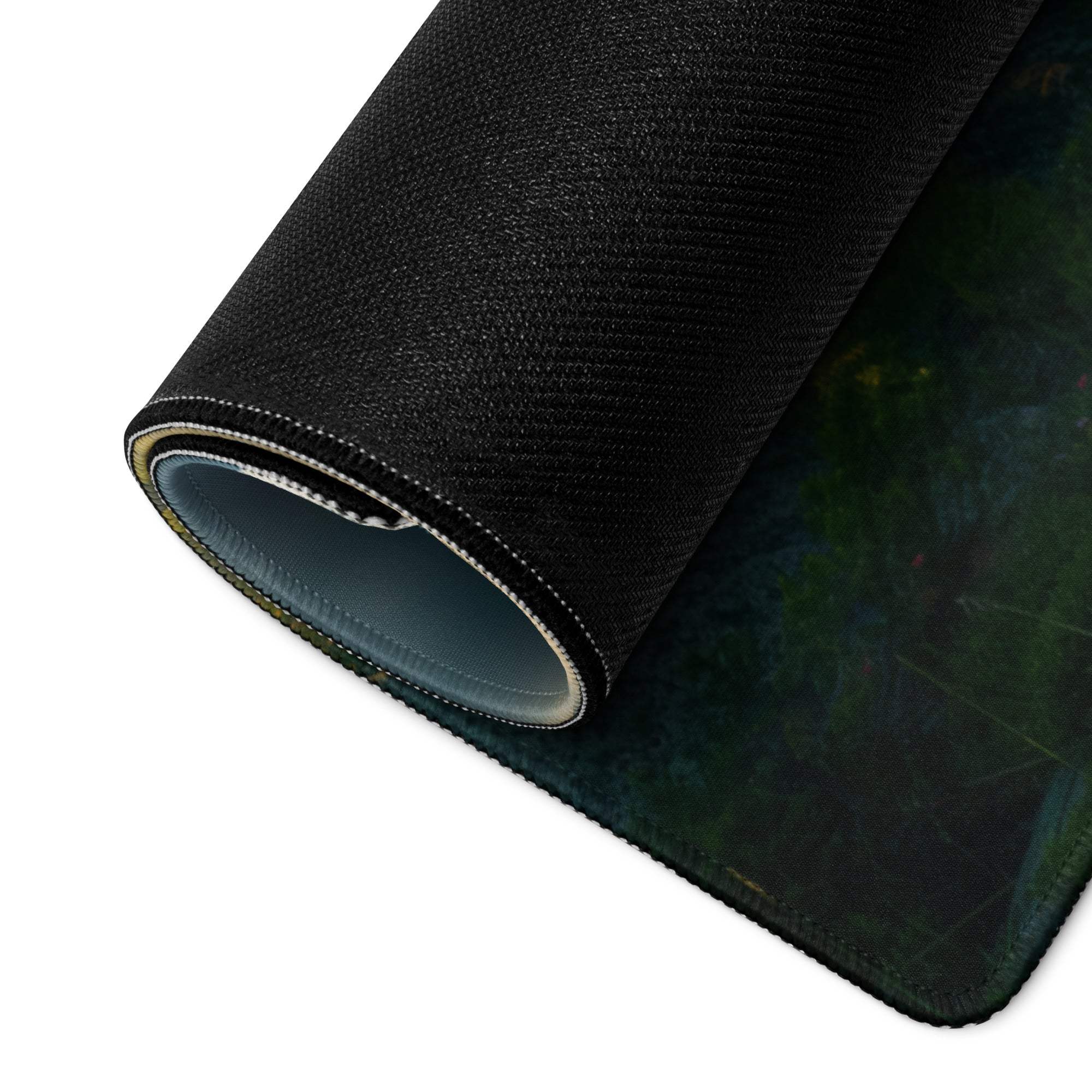 Black textured gaming mousepad with dark green forest and serene mountain design