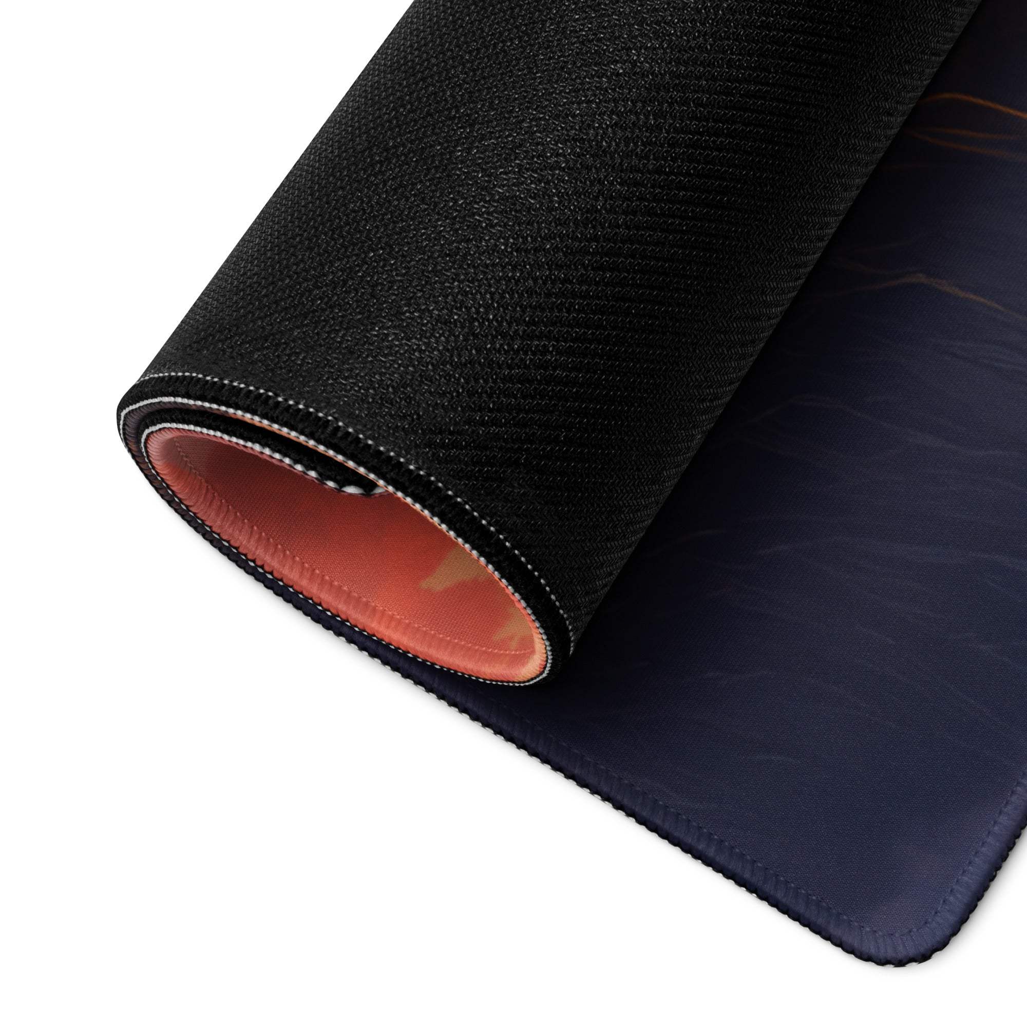Large Mountain Sunset gaming mouse pad with black texture, orange lining, stitched edges