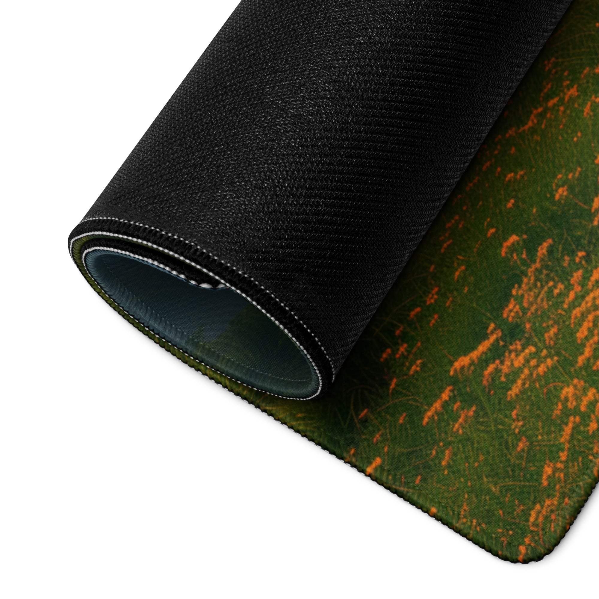 Premium large non-slip gaming mousepad with green orange floral design and edge stitching