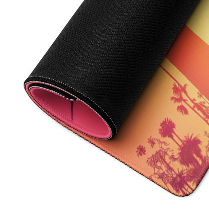 Vibrant tropical sunset palm trees gradient large gaming mouse pad rolled up