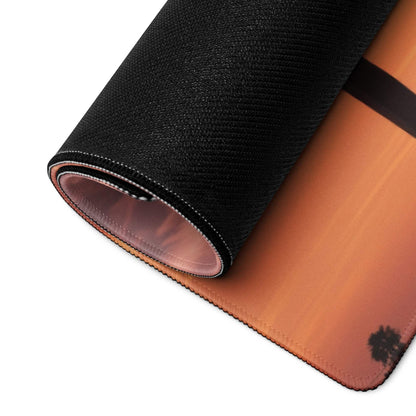 Black textured back of Sunset Palm Trees large gaming mousepad with orange-brown gradient