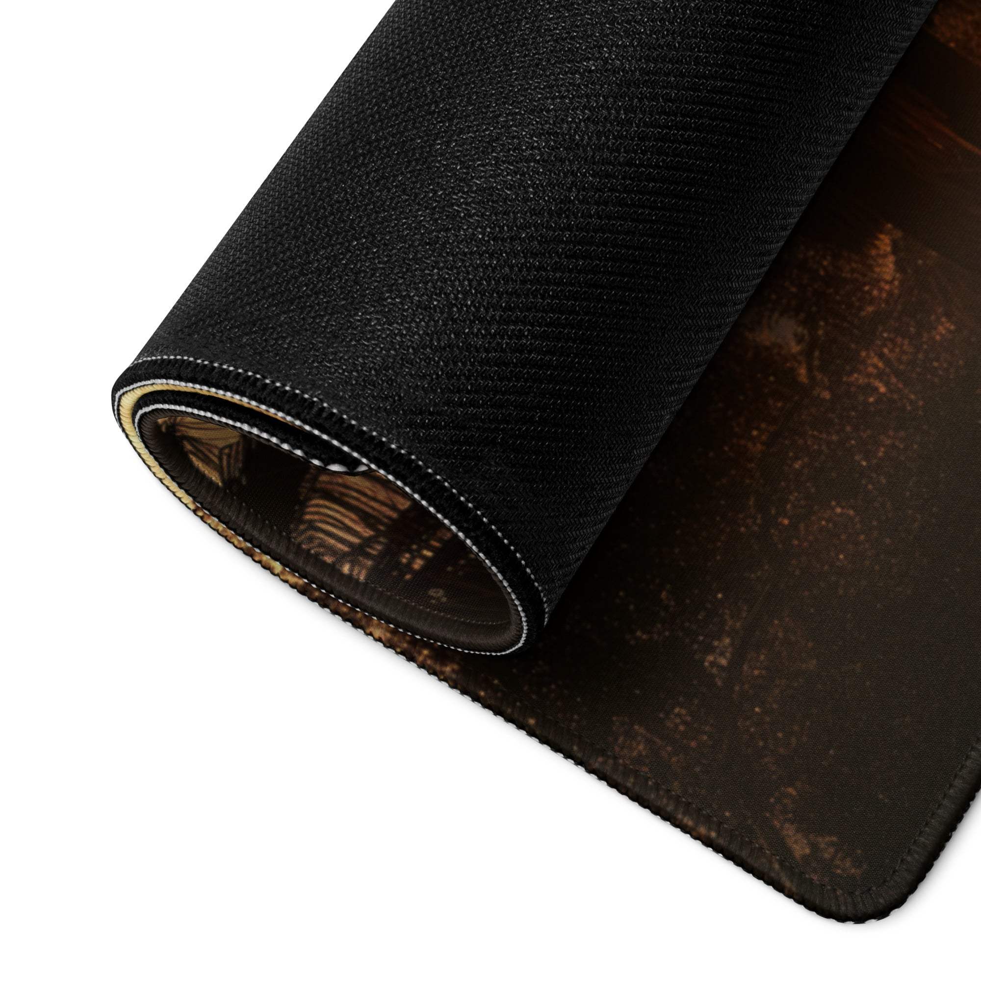 Black textured back of Tropical Sunset Palm Tree gaming mouse pad with rolled edge