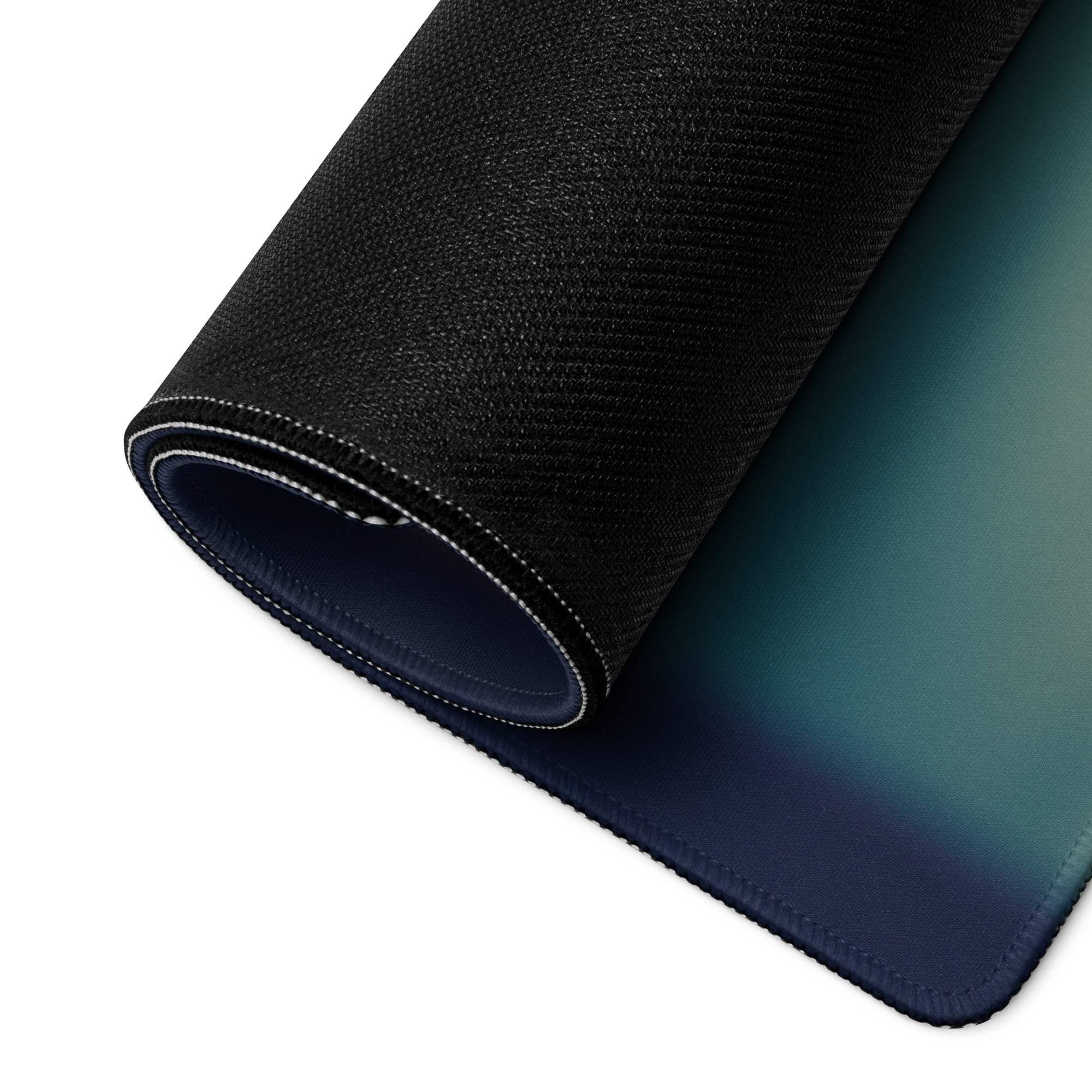 Black textured gaming mousepad with blue-to-teal gradient, stitched edges