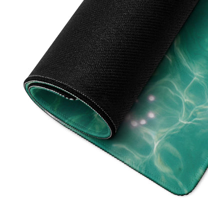 Rolled-up black Vibrant Ocean Wave teal gaming mouse pad with non-slip base