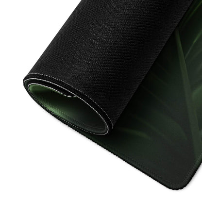 Black textured gaming mousepad with jungle green design and white edge stitching