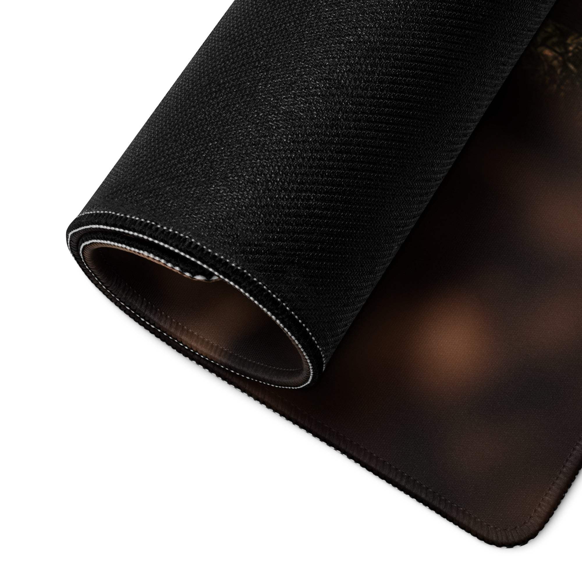 Black textured mousepad back with rolled edge, white stitching, non-slip base