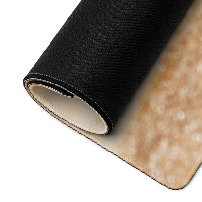 Back of premium desert sand gaming mouse pad with black textured carpet roll and beige plush underside