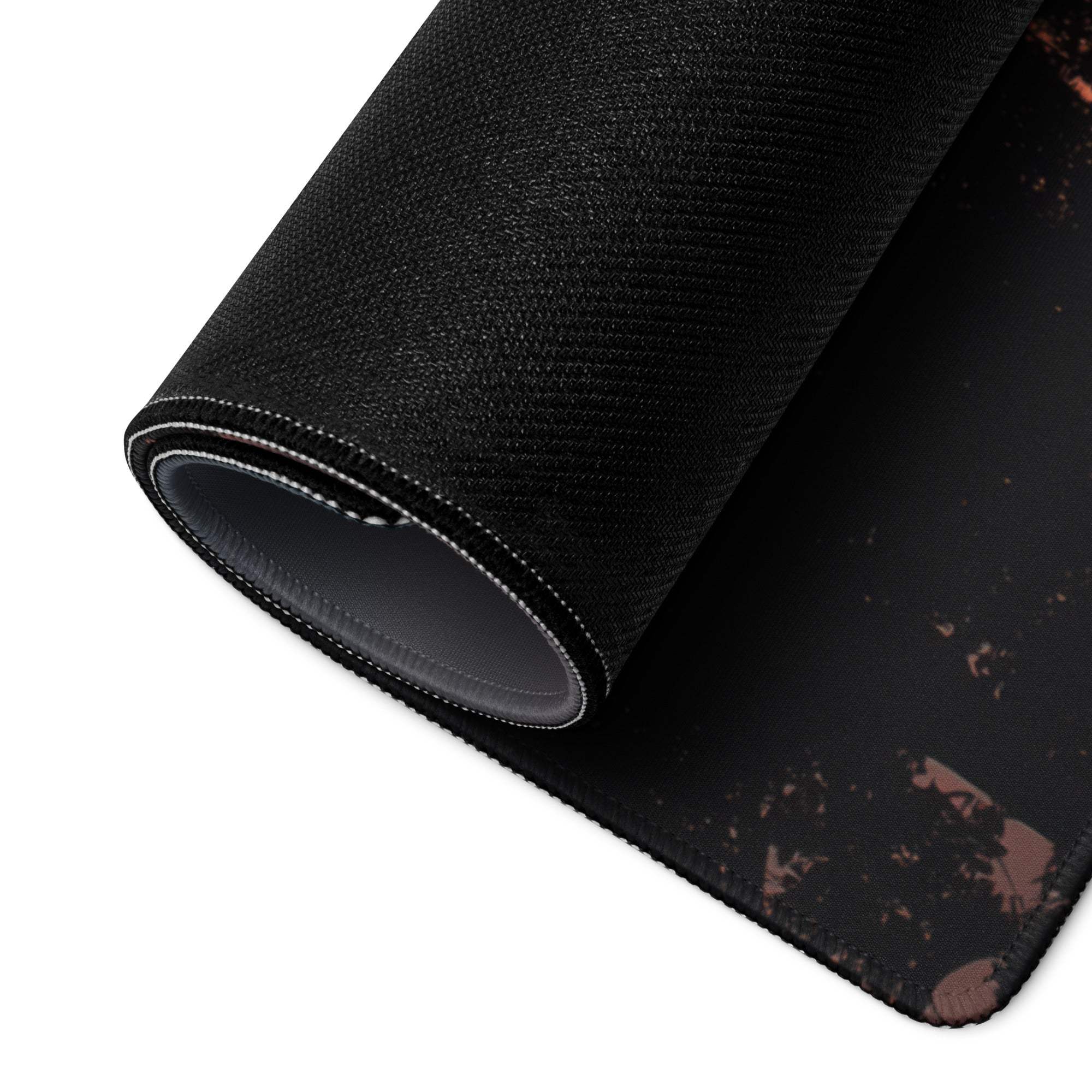 Black textured gaming mousepad with distressed design, stitched edges