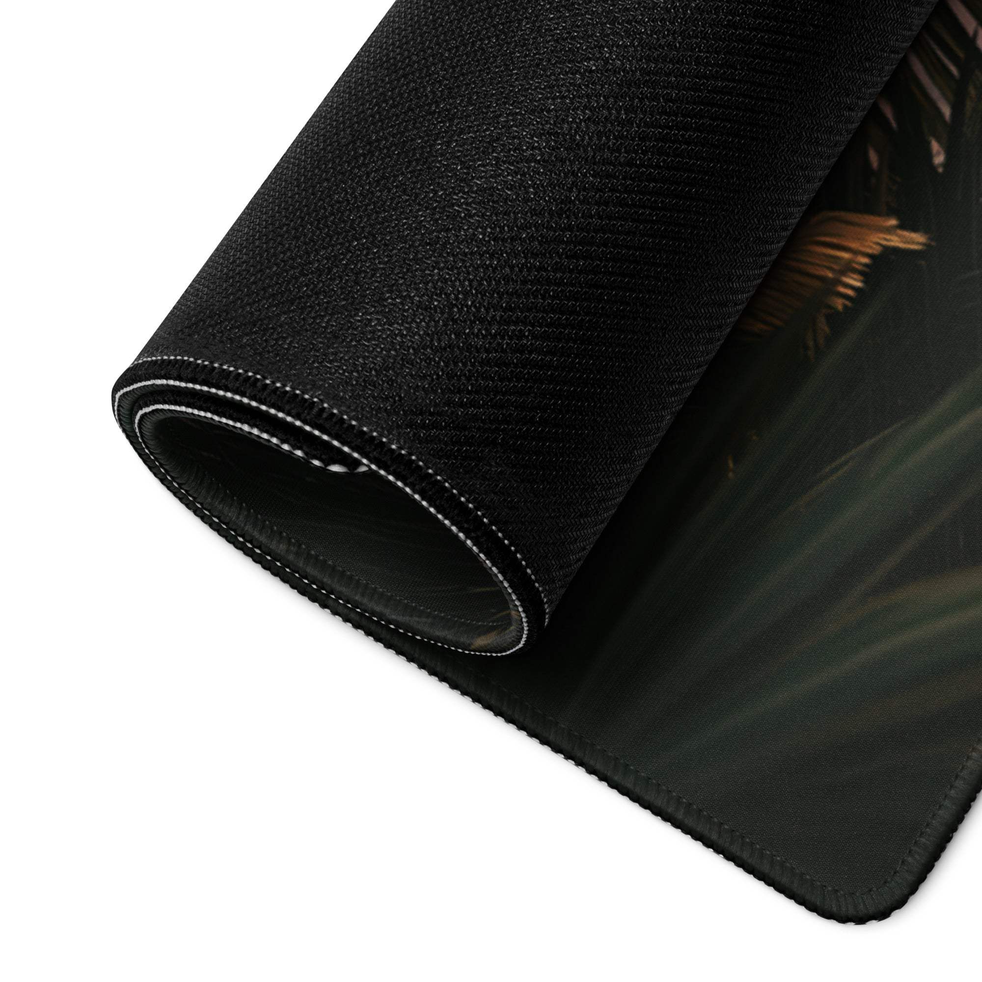 Black textured tropical leaf mousepad with white edge stitching