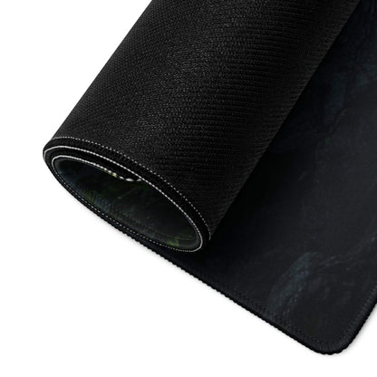 Black textured gaming mousepad with stitched edges, waterfall forest pattern