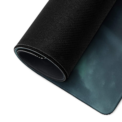 Black textured gaming mousepad back with teal underside and stitched edges