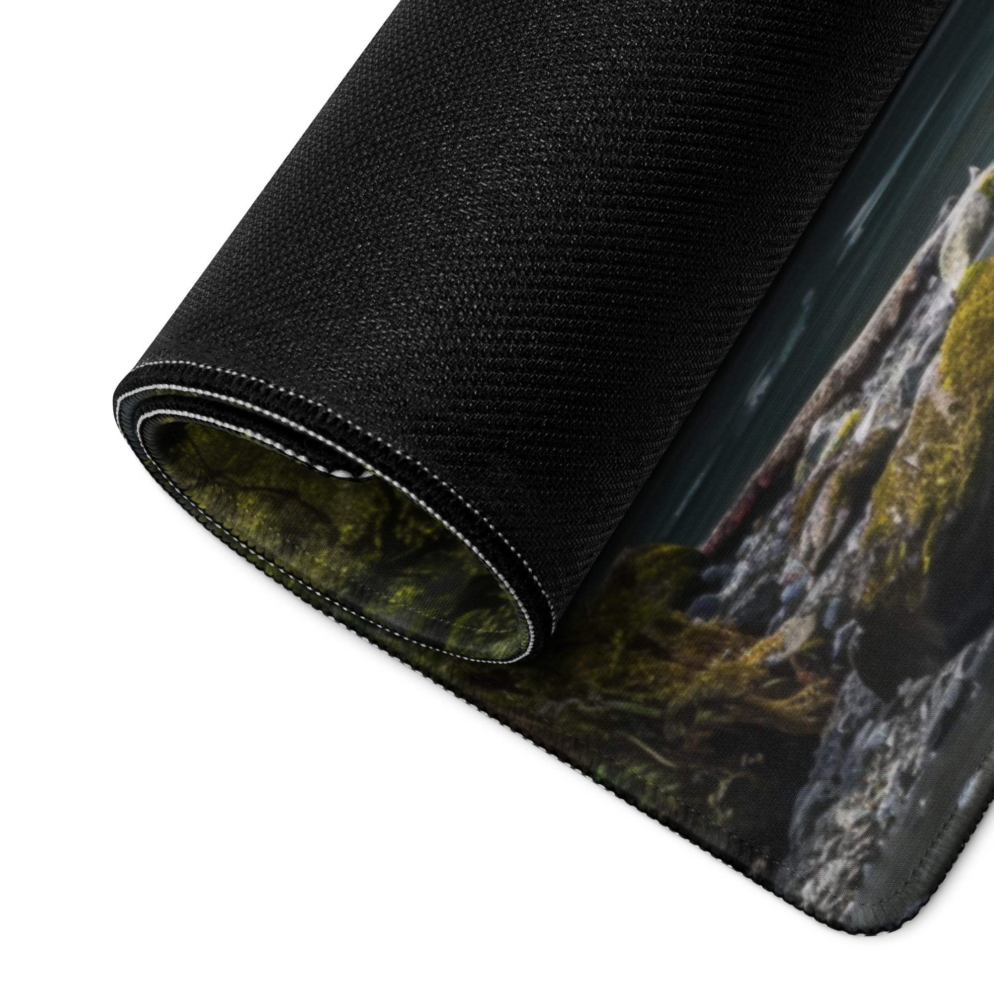 Large Zen Forest Waterfall mousepad with mossy cliffs print