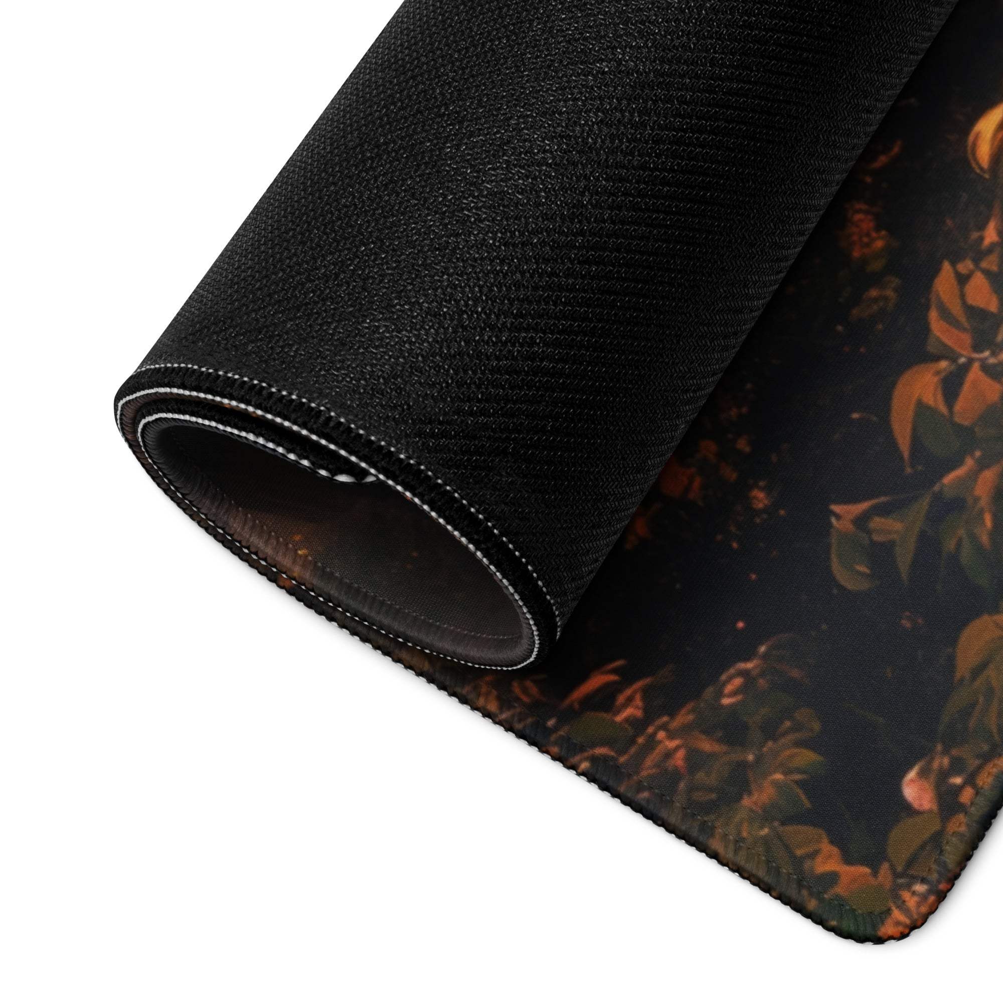 Autumn Sunset large gaming mouse pad with orange floral design and non-slip base