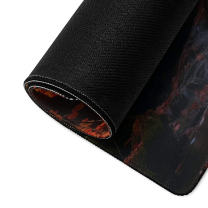 Black gaming mousepad back with fiery red-orange design, stitched edge, non-slip base