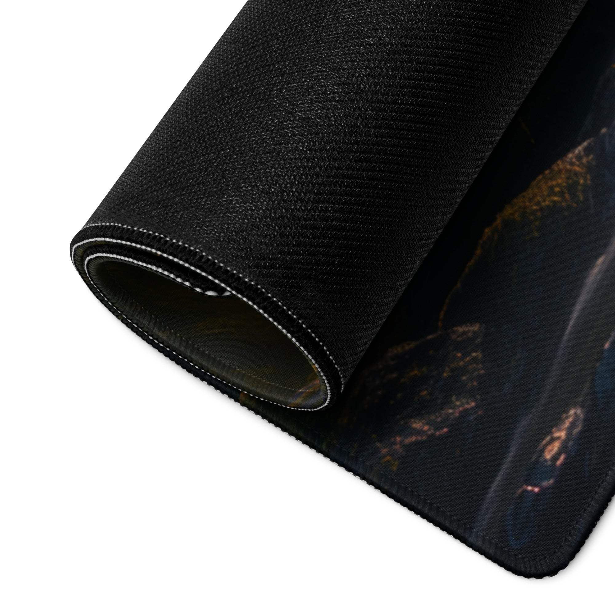 Black textured gaming mousepad with rolled edge, gold accents, non-slip base