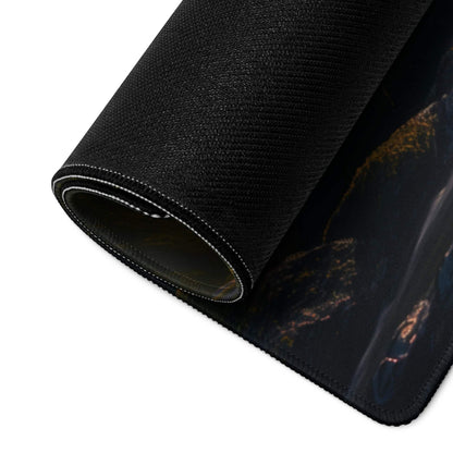 Black textured gaming mousepad with rolled edge, gold accents, non-slip base