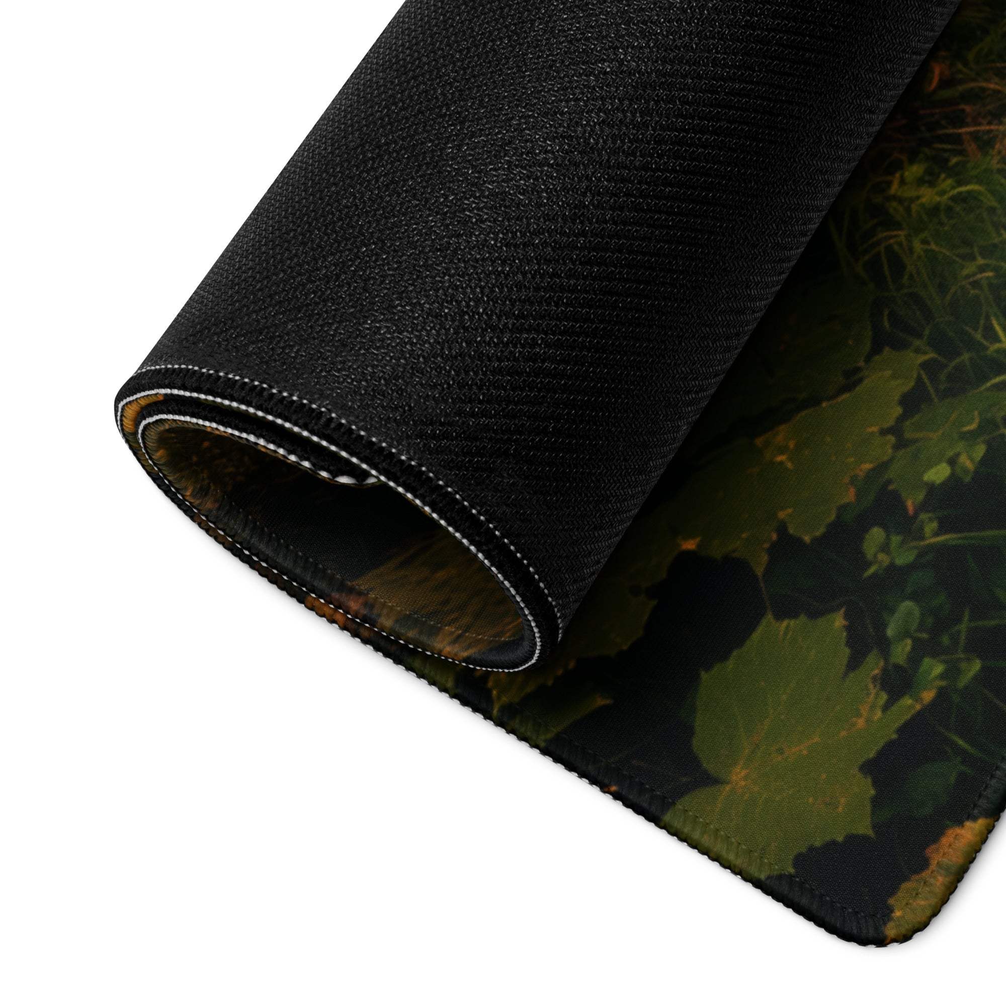 Black camo leaf gaming mousepad with autumn forest waterfall design